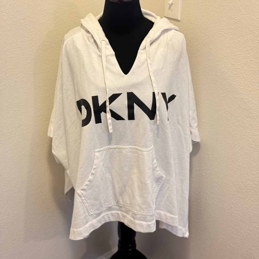2 FOR $25 DKNY White Poncho Knit Hooded Pullover Top Oversized M - Picture 2 of 8